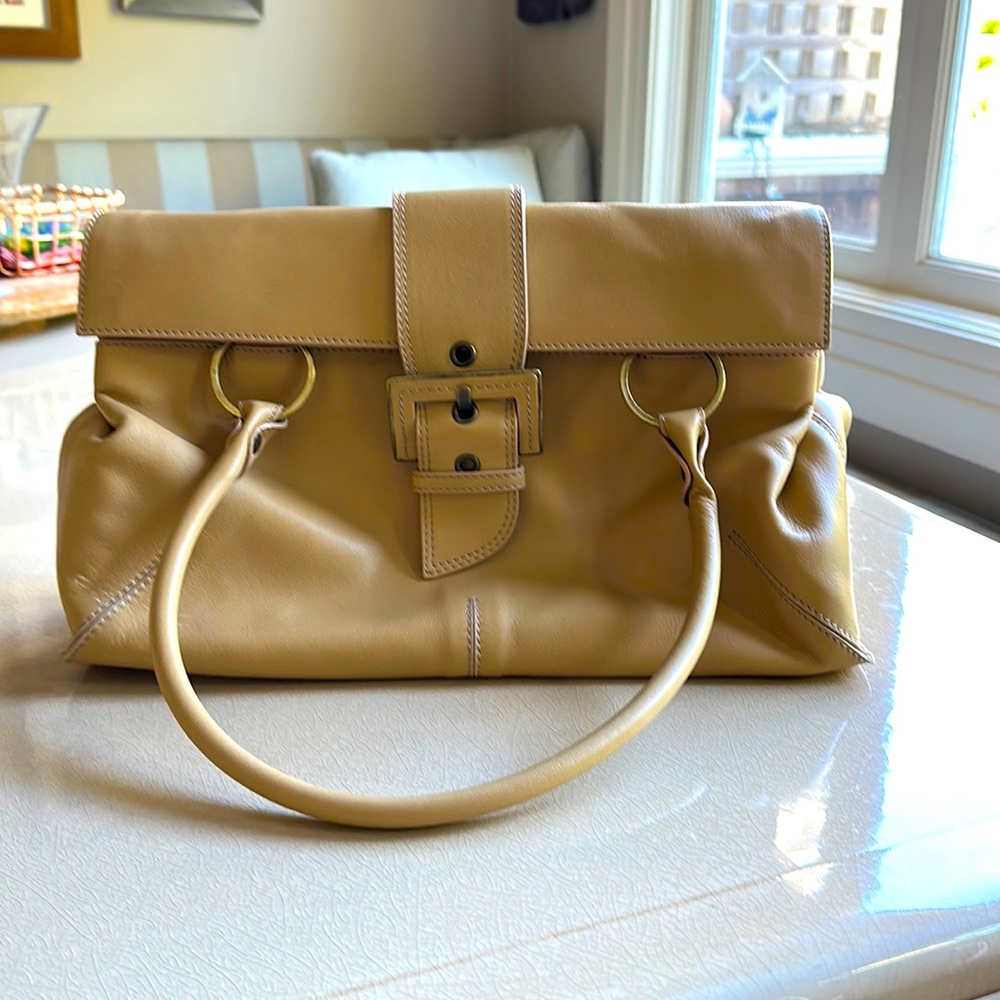 Donald J. Pliner tan leather Italian couture handbag